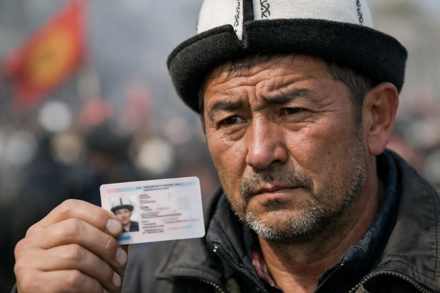"Kirghizistan, homme tenant carte d'identité, reflet de l'instabilité politique"
