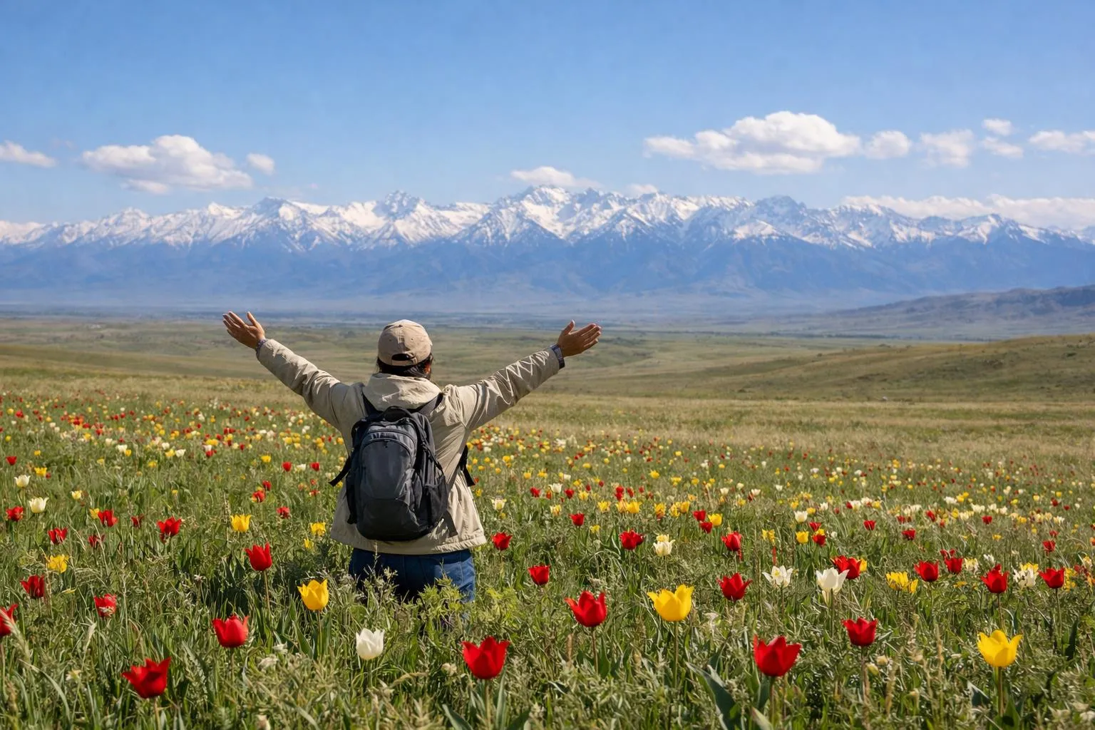 featured-ai-1776485910969-dfkji9 Meilleure saison pour visiter le Kazakhstan, steppes kazakhes au printemps avec tulipes sauvages en fleurs.