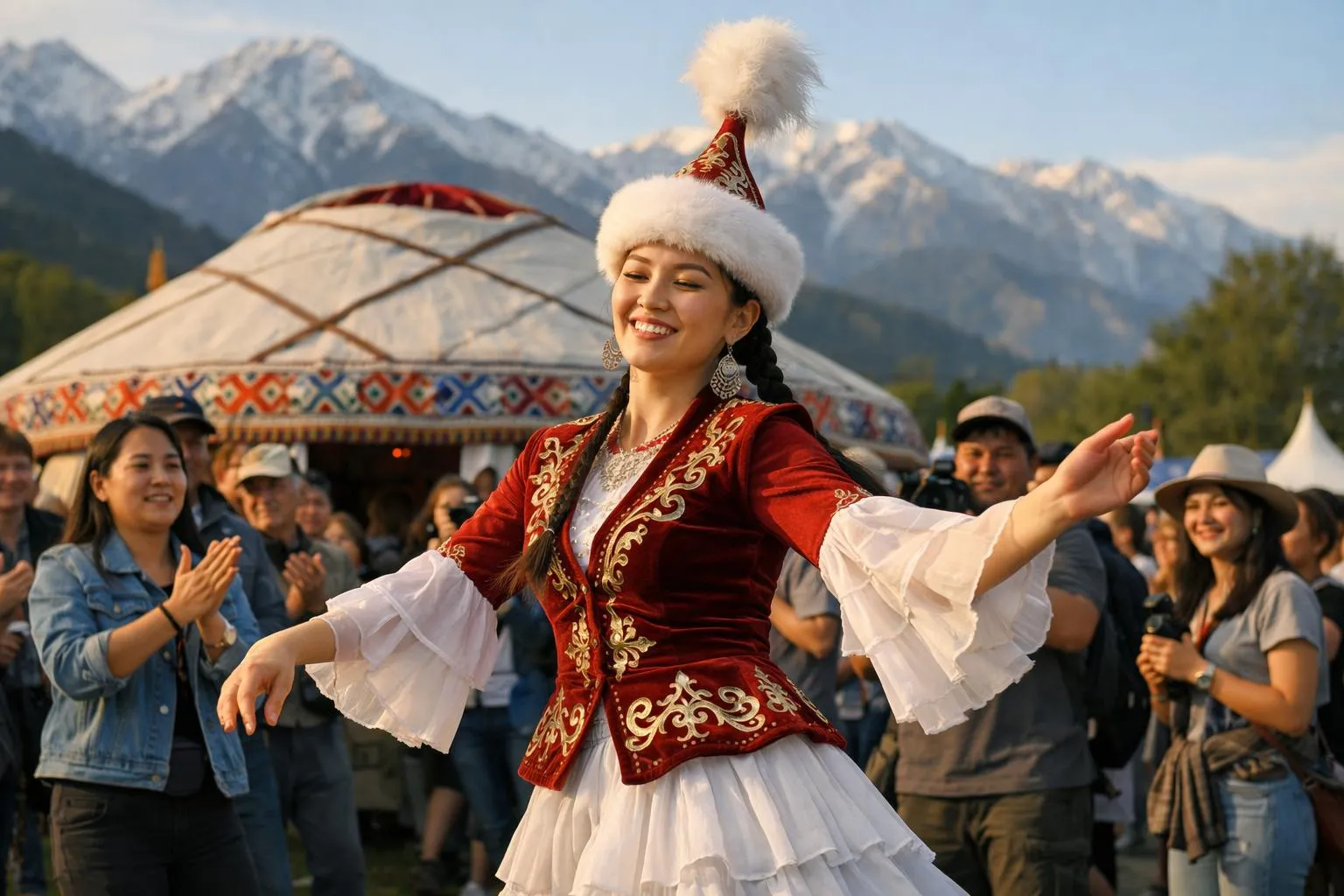 Festival Spirit of Tengri Almaty 2026, femme kazakhe dansant devant yourte colorée