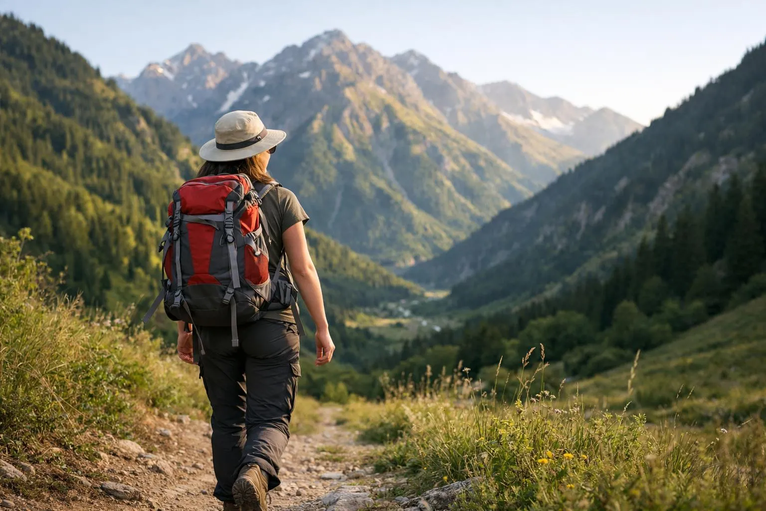 Femme en randonnée au Kazakhstan en septembre, paysage montagneux en arrière-plan