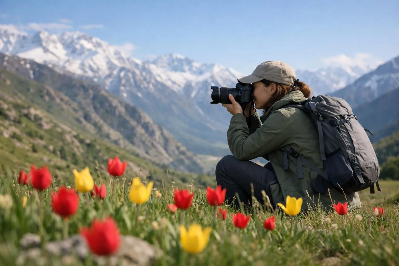 Photographe au Kazakhstan en mai lors d'une randonnée au milieu des tulipes sauvages.
