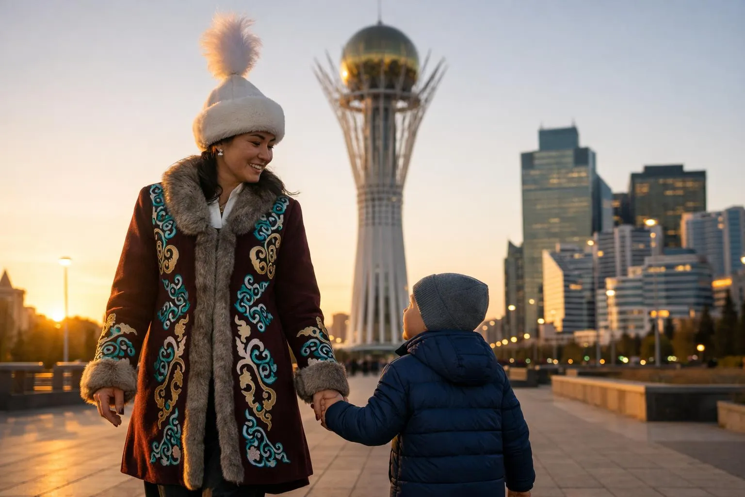 Femme kazakhstanaise à Astana, tour Bayterek en arrière-plan