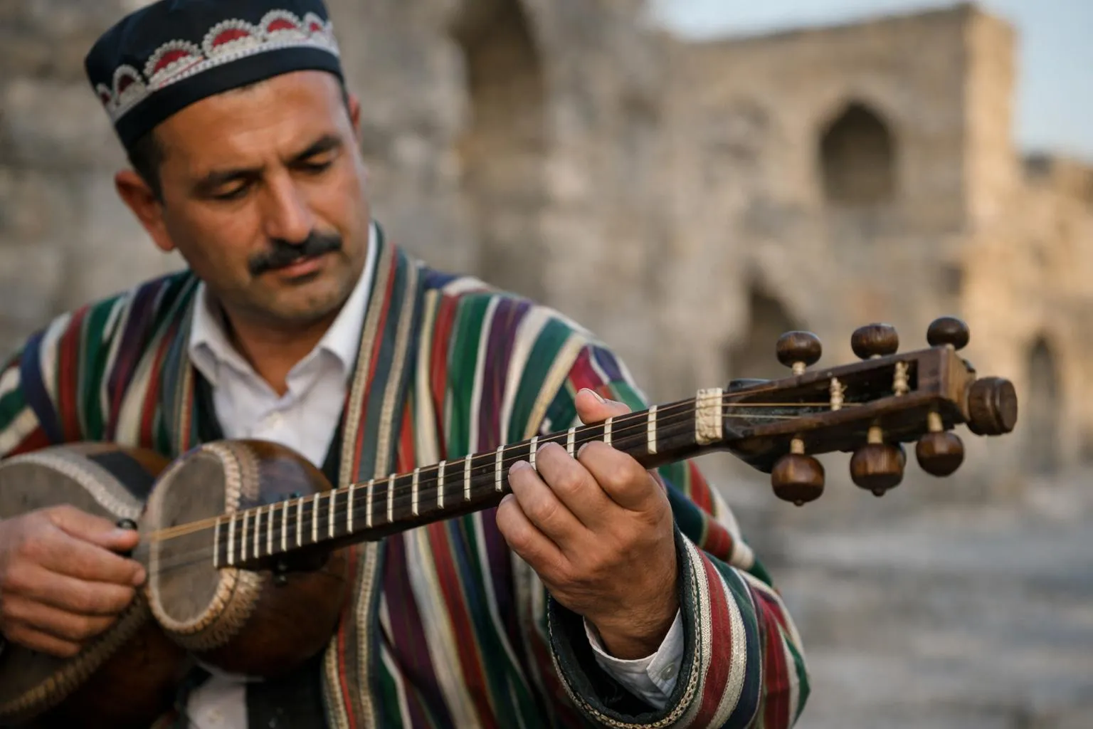 Un musicien tadjik joue du tar dans un cadre historique en Asie centrale