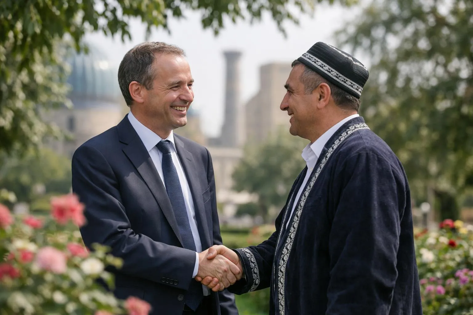 featured-ai-1778041085881-ldmmx6 "Diplomatie française en Asie centrale : échange chaleureux entre un diplomate français et un officiel ouzbek à Samarcande"