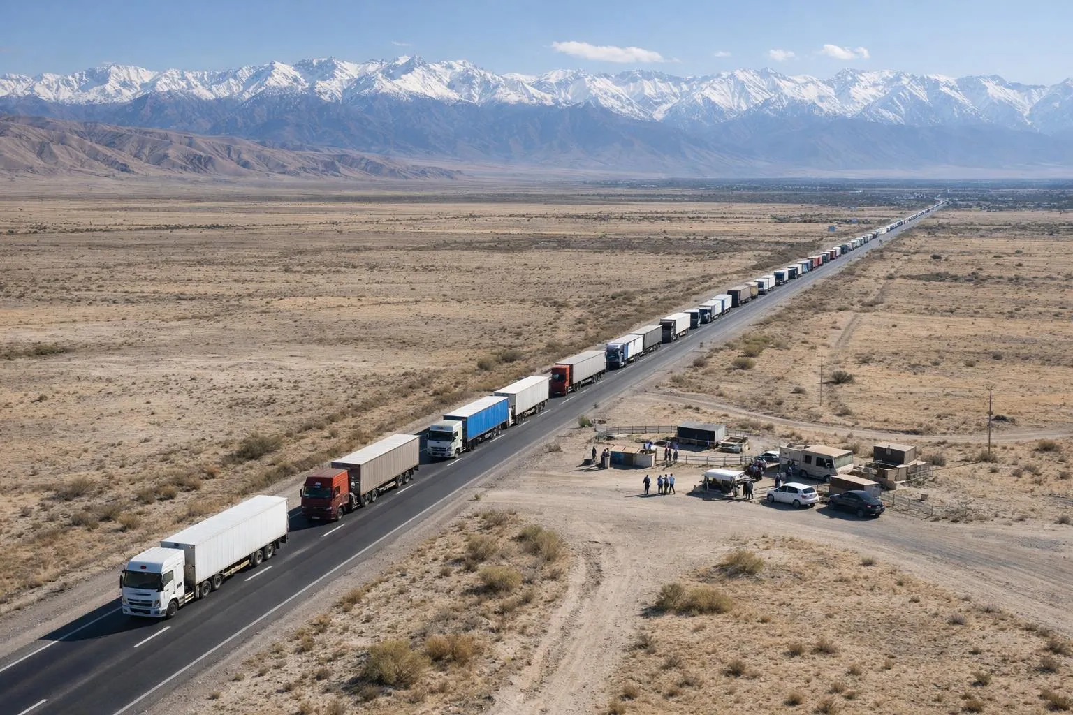 Géopolitique Asie centrale : panorama désertique avec convoi de camions au Kazakhstan près de la frontière ouzbèke