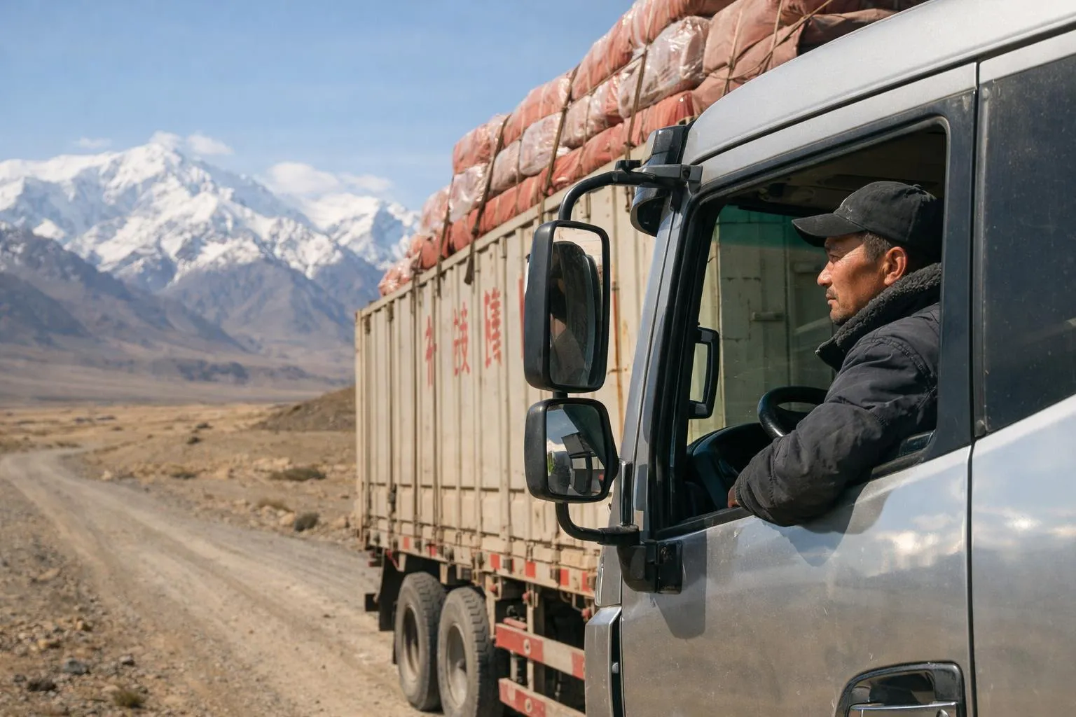 "Camion chinois traversant l'Asie centrale, route de la soie"