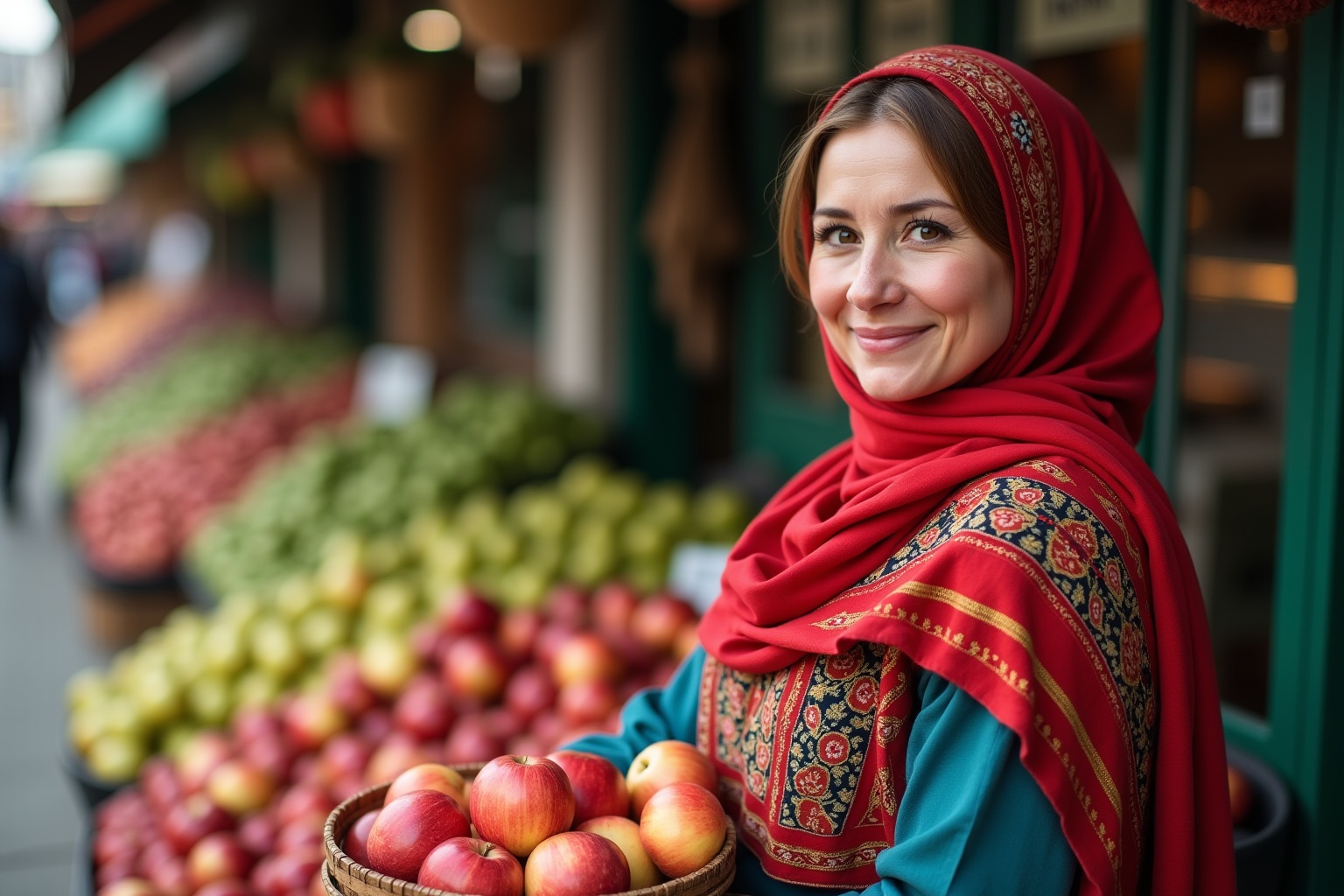 Femme kazakhe aux pommes fraîches au marché d'Almaty.