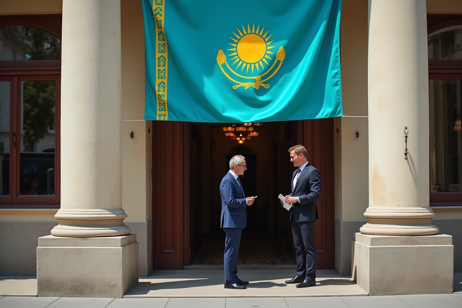 featured-ai-1779595962998-wdfe7a Ambassade du Kazakhstan à Paris, entrée avec drapeau et fonctionnaire consulaire.