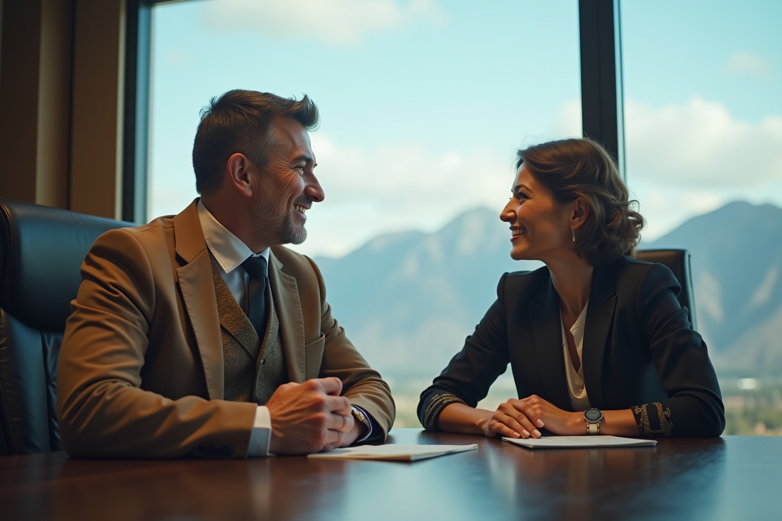 featured-ai-1779682362727-m8zmeq "Un homme d'affaires kazakh et une femme française discutent dans un bureau avec vue sur les montagnes Tian Shan, symbolisant