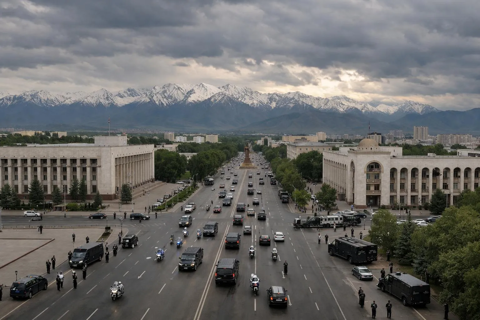 Vue panoramique de l'avenue principale de Bichkek avec des bâtiments gouvernementaux de l'ère soviétique et les montagnes du Tian Shan en arrière-plan sous un ciel nuageux dramatique, montrant les tensions géopolitiques dans la capitale d'Asie centrale avec des véhic