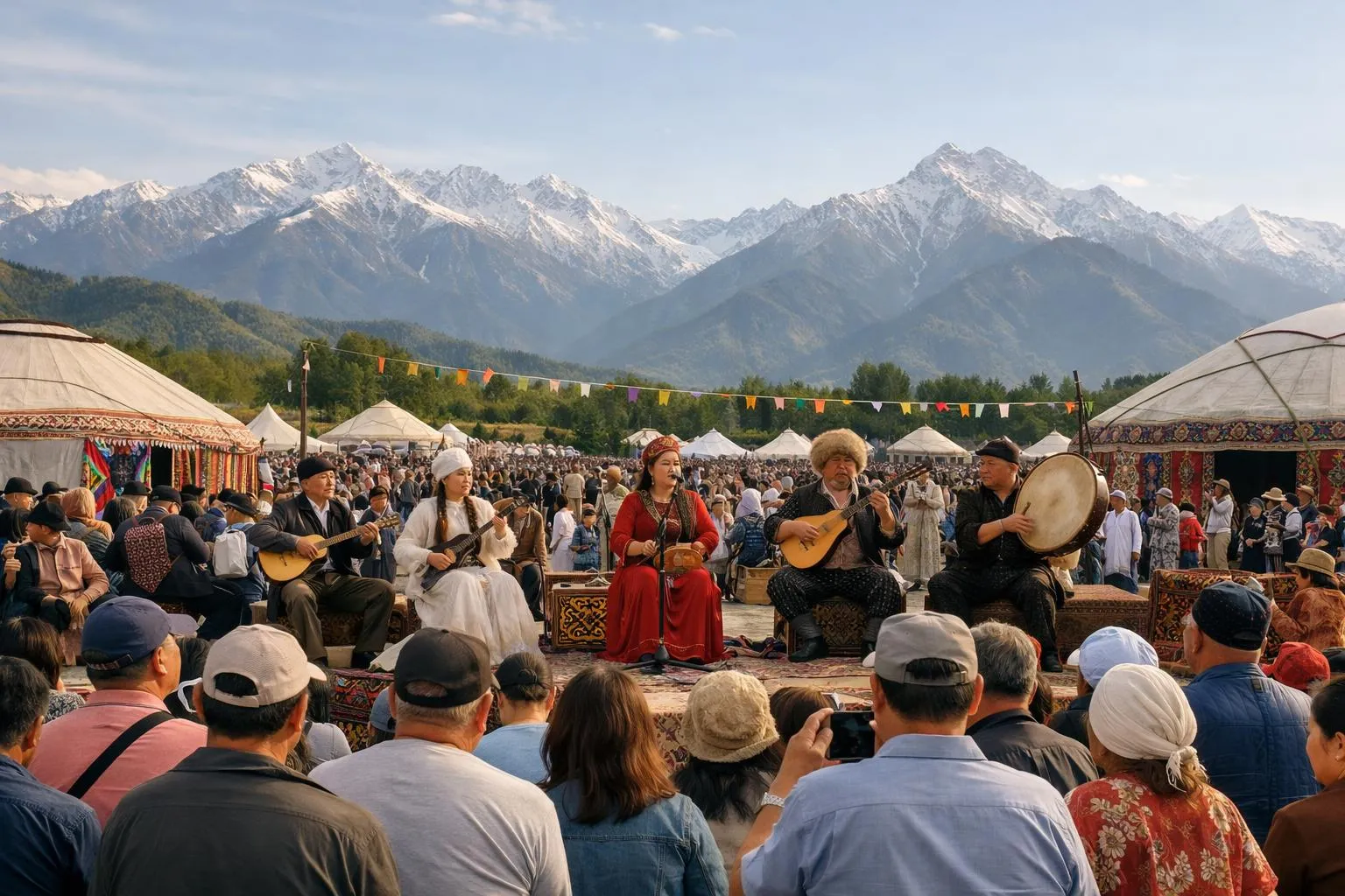Foule colorée de personnes en costumes traditionnels, jouant de la musique dans un cadre montagneux.