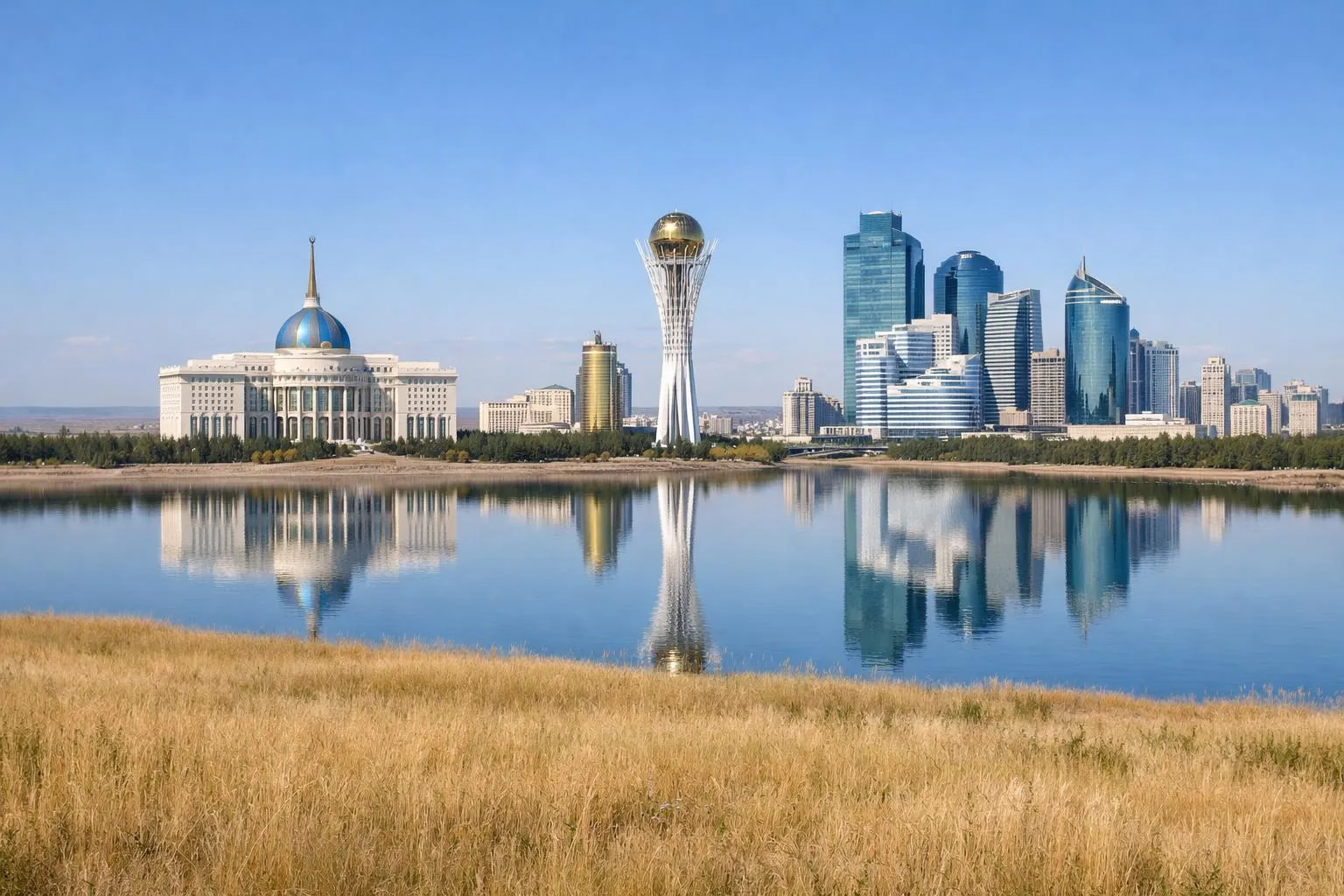 Skyline moderne de la capitale du Kazakhstan avec ses gratte-ciel et monuments emblématiques.