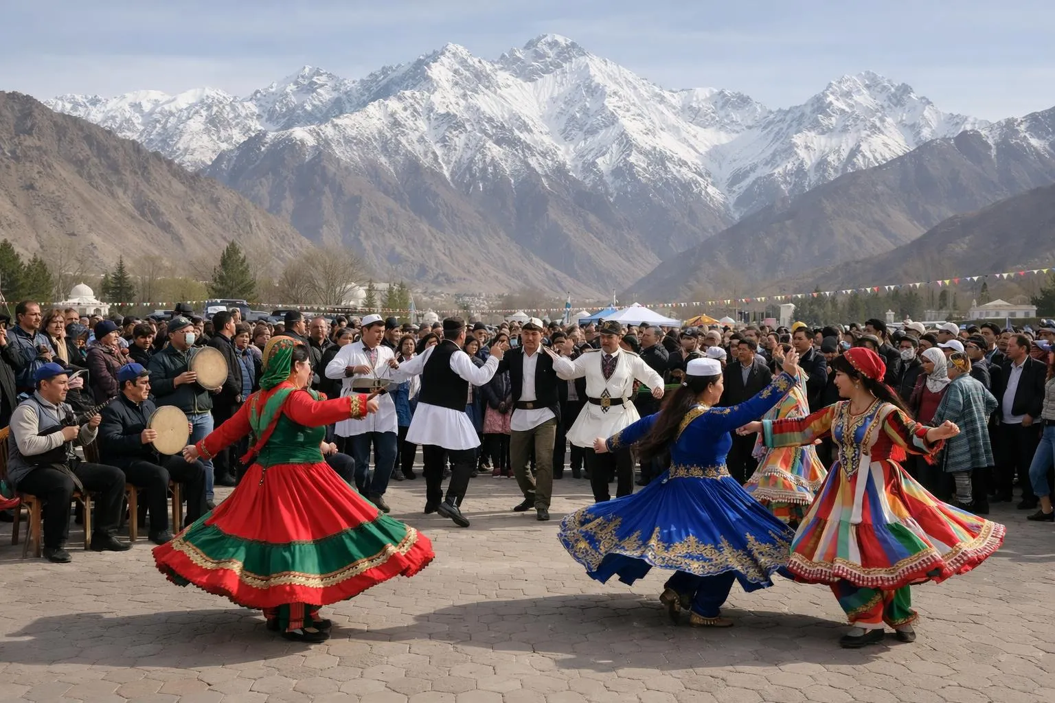 Danse traditionnelle devant les montagnes enneigées.