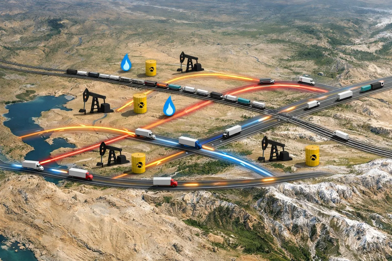 Réseau complexe de pipelines et de voies ferrées dans un paysage désertique.