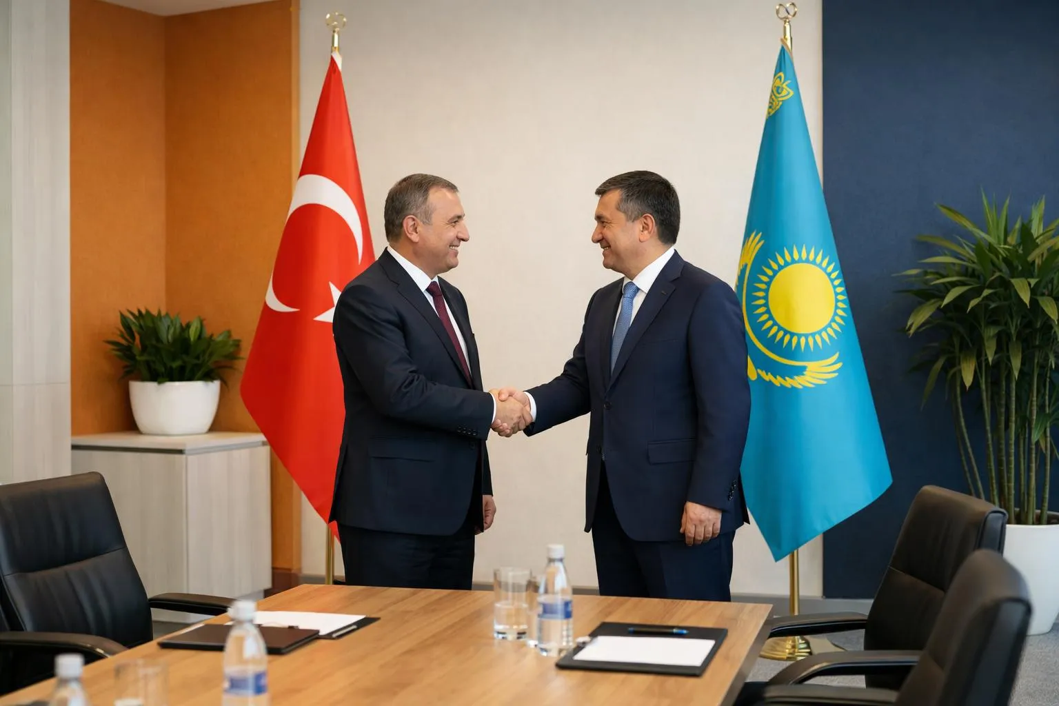 Deux hommes politiques en costume se serrant la main devant les drapeaux de la Turquie et du Kazakhstan.