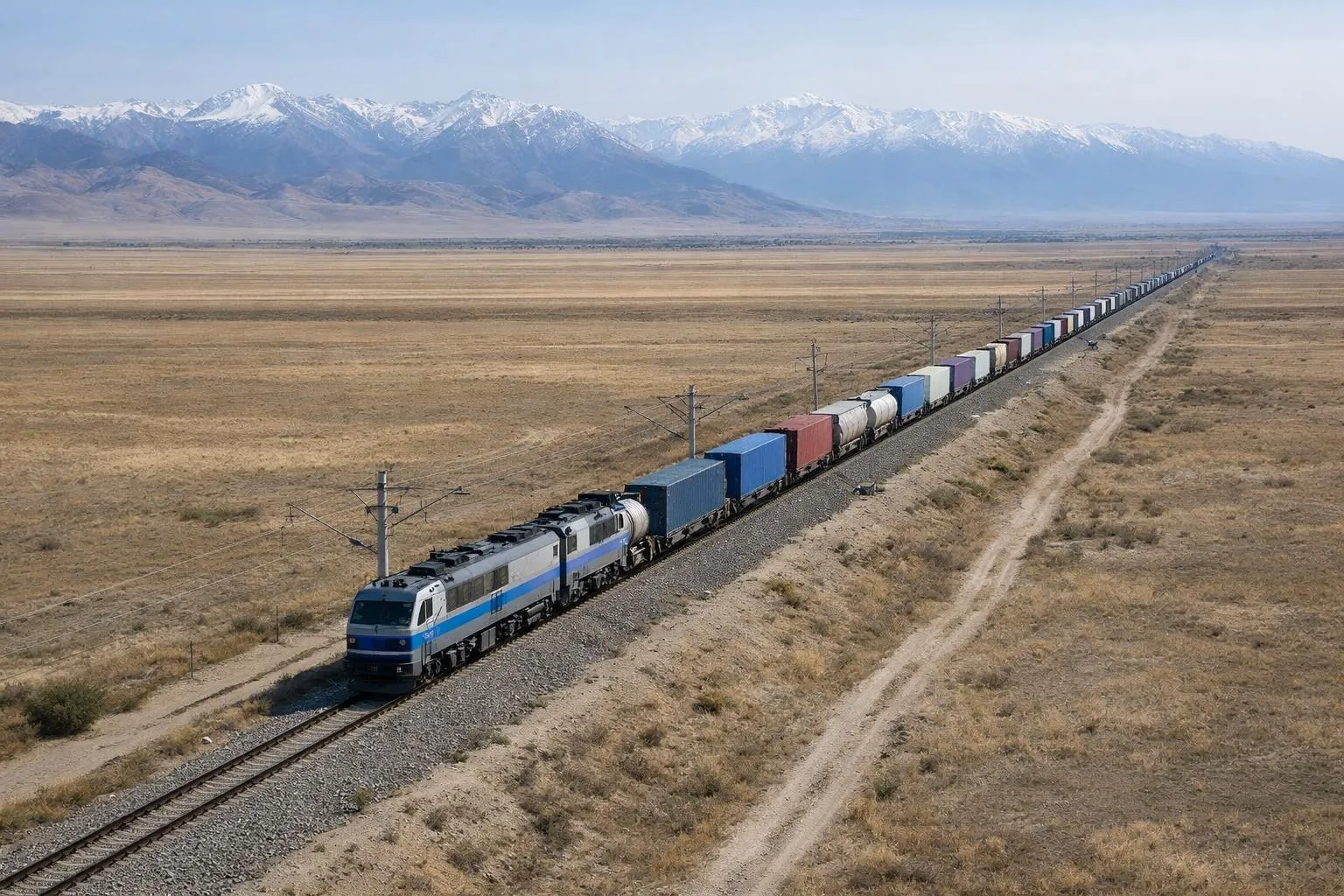 Train de marchandises traversant un paysage désertique avec des montagnes enneigées à l'horizon.