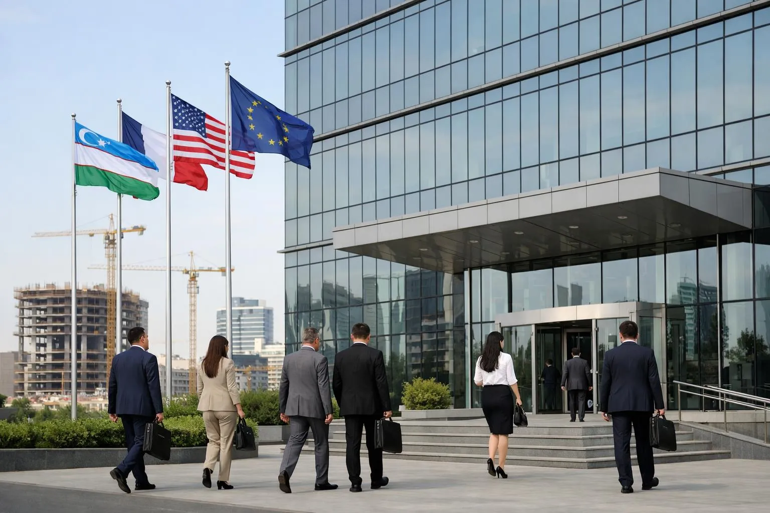 Hommes d'affaires marchant vers un bâtiment avec drapeaux internationaux.