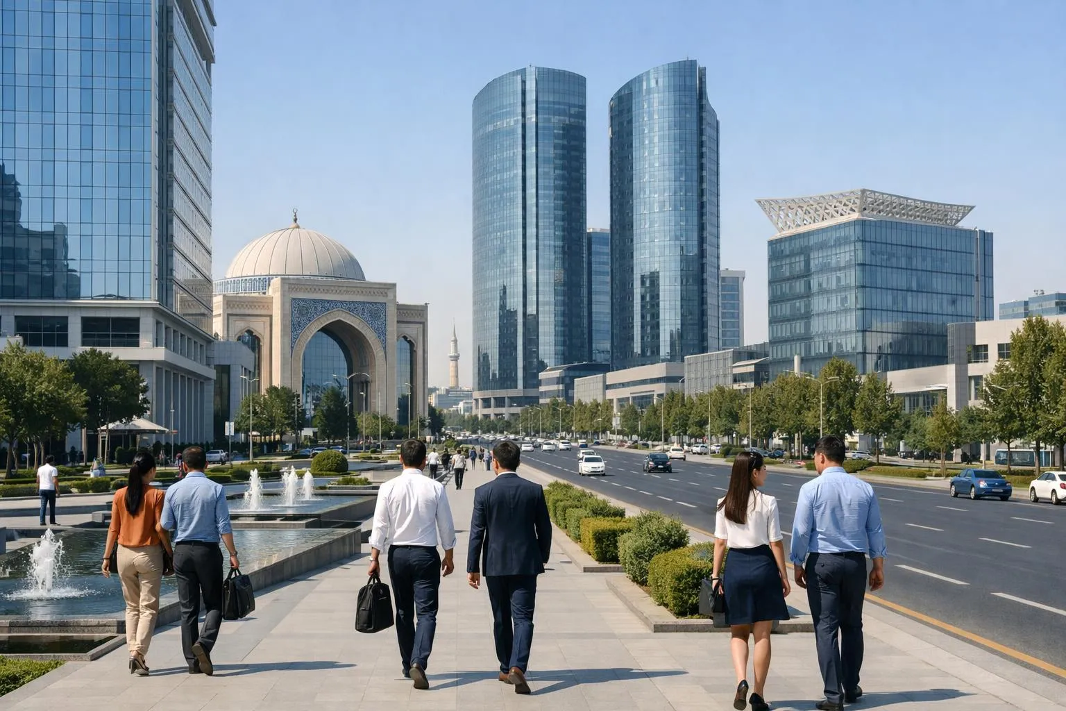 Paysage urbain moderne avec gratte-ciel, mosquée et personnes en costume d'affaires.