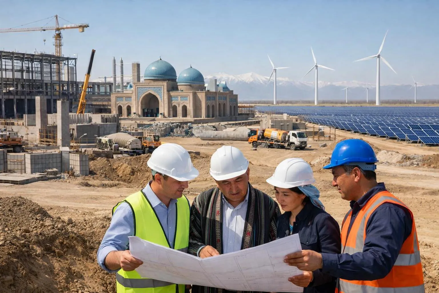 Chantier de construction avec mosquée, éoliennes et panneaux solaires.