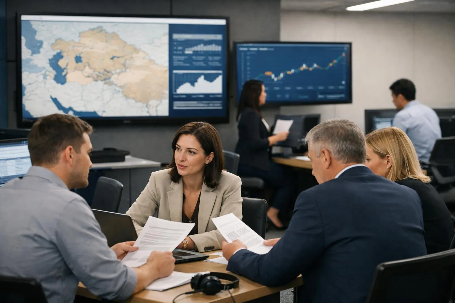 Réunion d'équipe dans un bureau avec écrans de données financières.