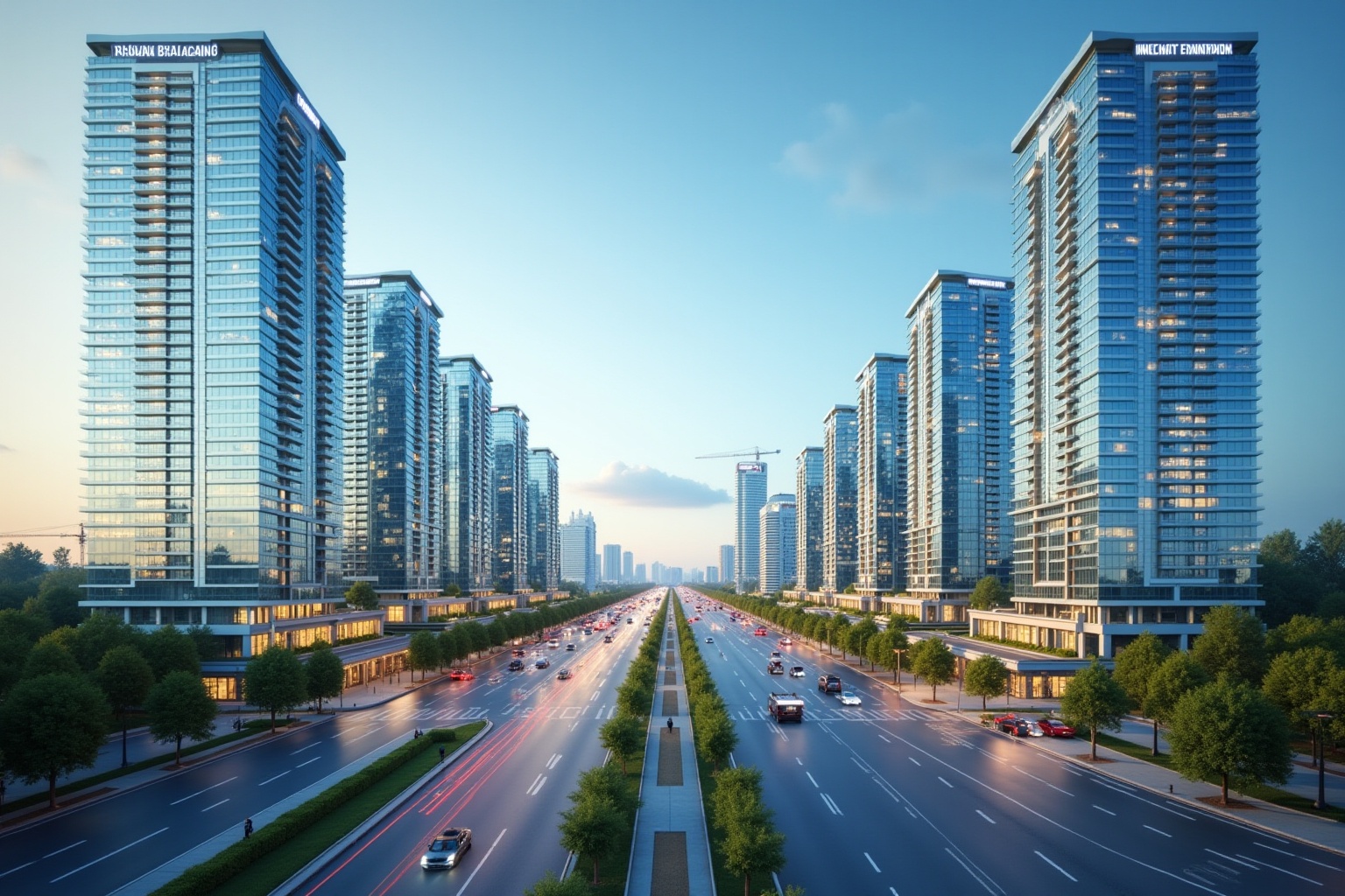 Paysage urbain moderne avec gratte-ciel, autoroute et circulation.