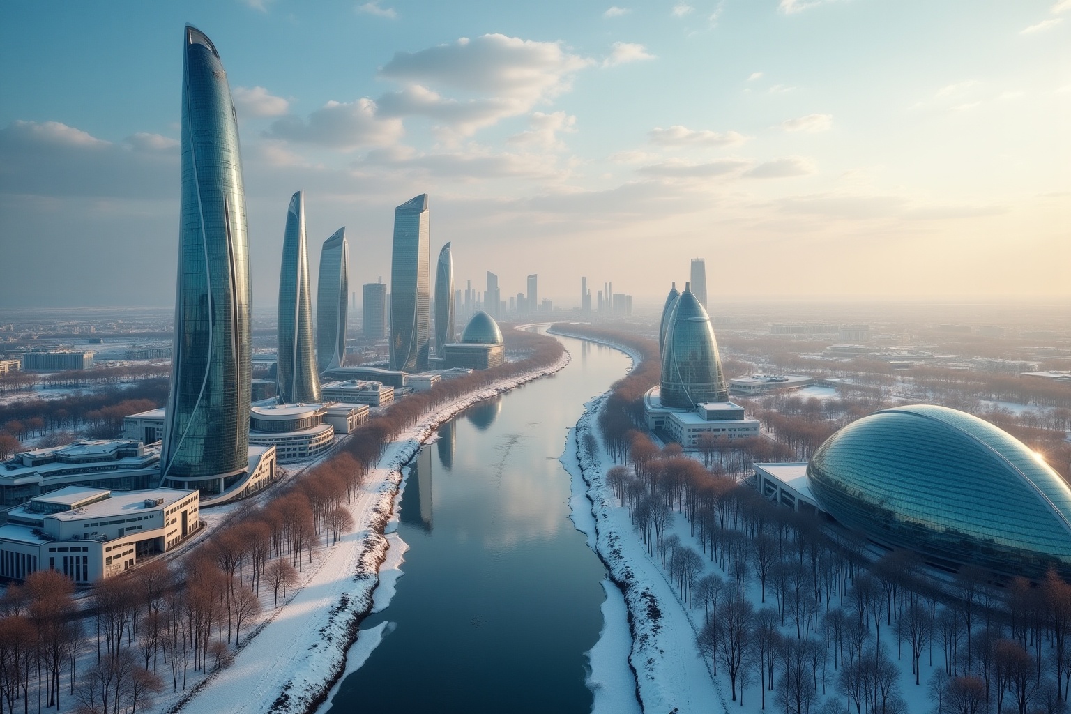 Skyline urbaine moderne avec gratte-ciel élancés, rivière gelée et paysage enneigé.