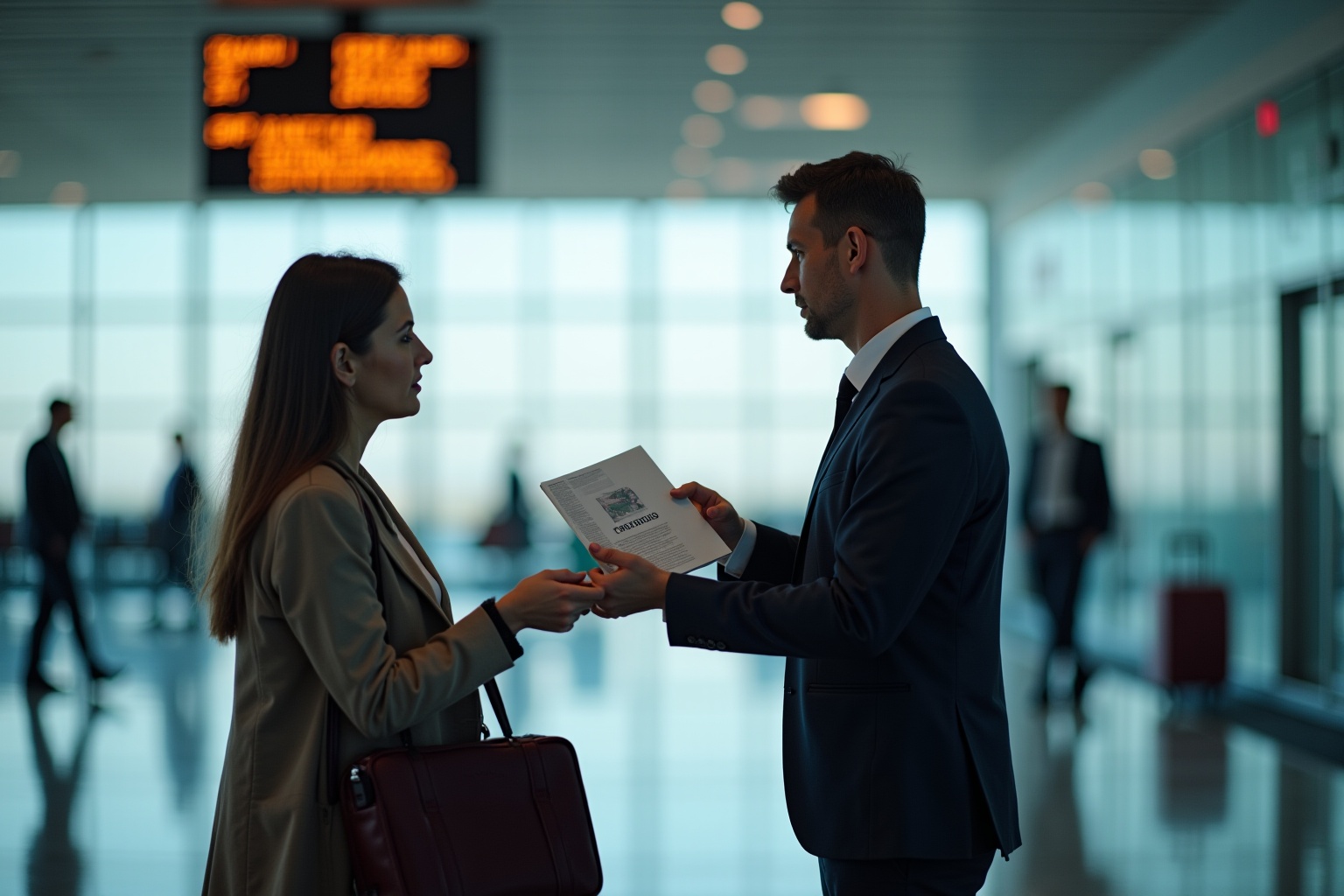 Deux personnes en costume dans un aéroport, discutant d'un document.