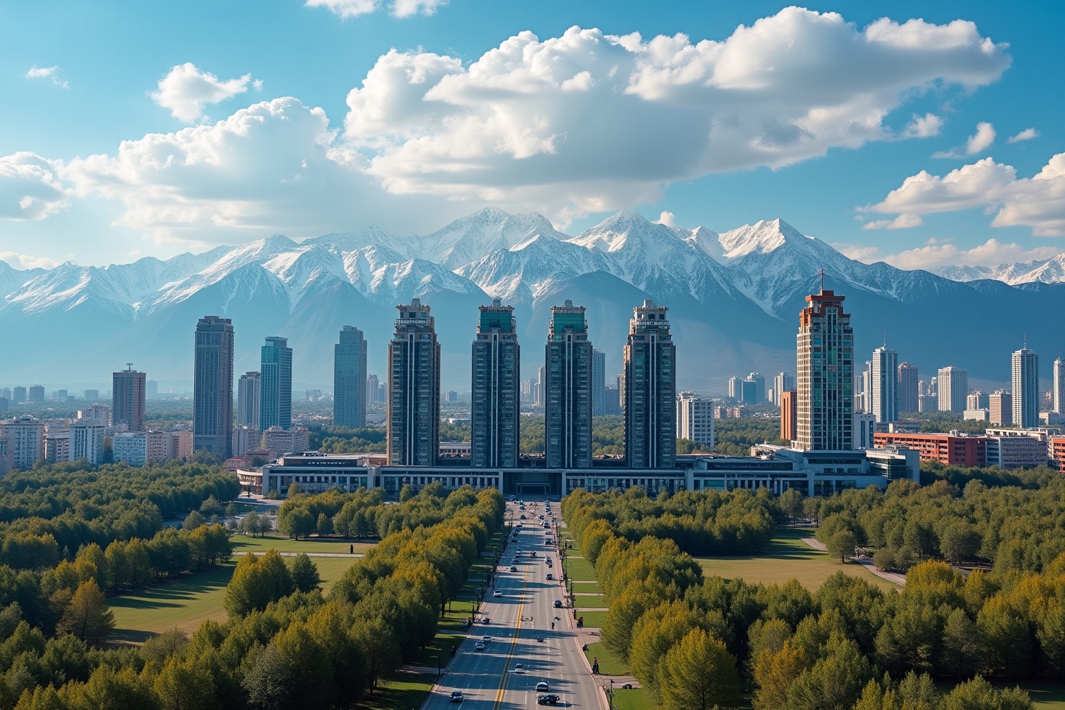 Paysage urbain avec gratte-ciel et montagnes enneigées à l'horizon.