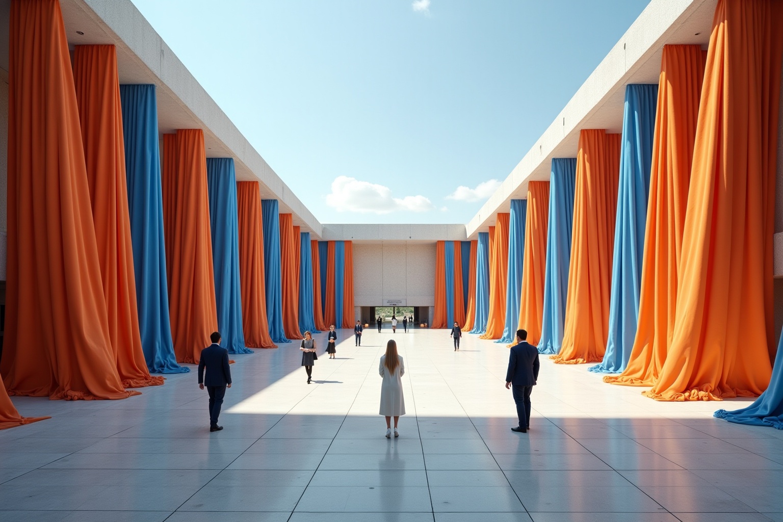 Couloirs colorés avec rideaux bleus et orange, personnes marchant dans un grand espace.