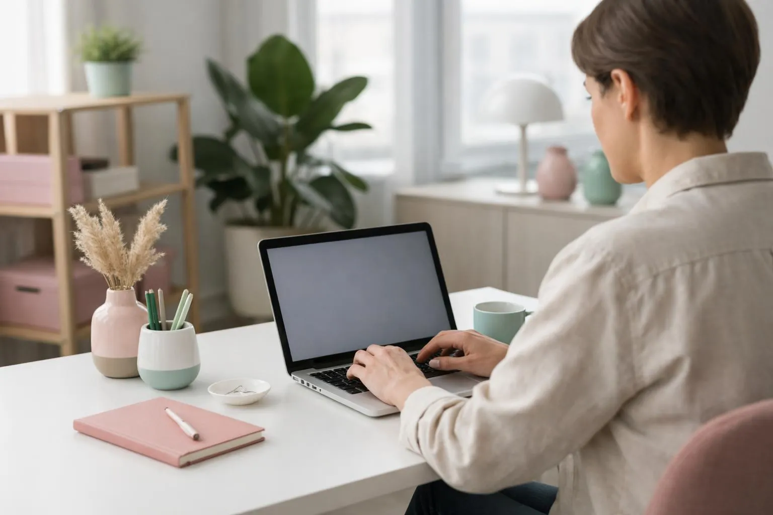 Une personne travaillant sur un ordinateur portable dans un bureau à domicile confortable.
