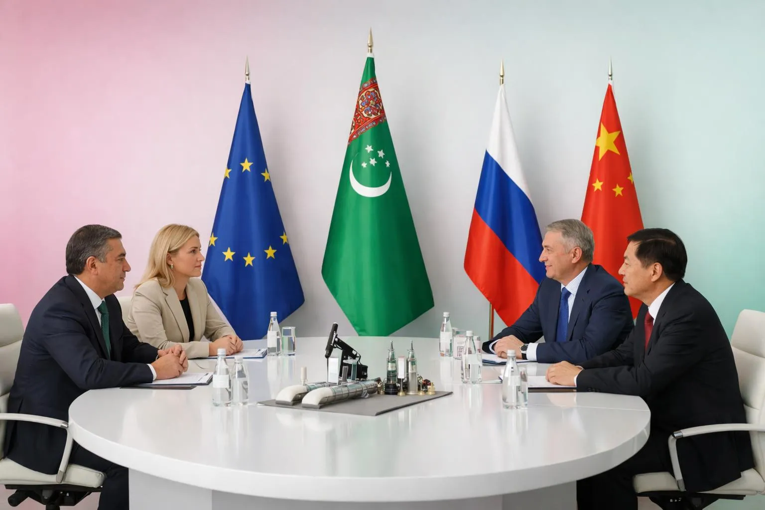 Salle de conférence diplomatique avec des responsables du Turkménistan, de l'Union européenne, de la Russie et de la Chine assis autour d'une table de négociation avec le drapeau national turkmène bien en vue, représentant des discussions de politique étrangère neutre et de coopération én