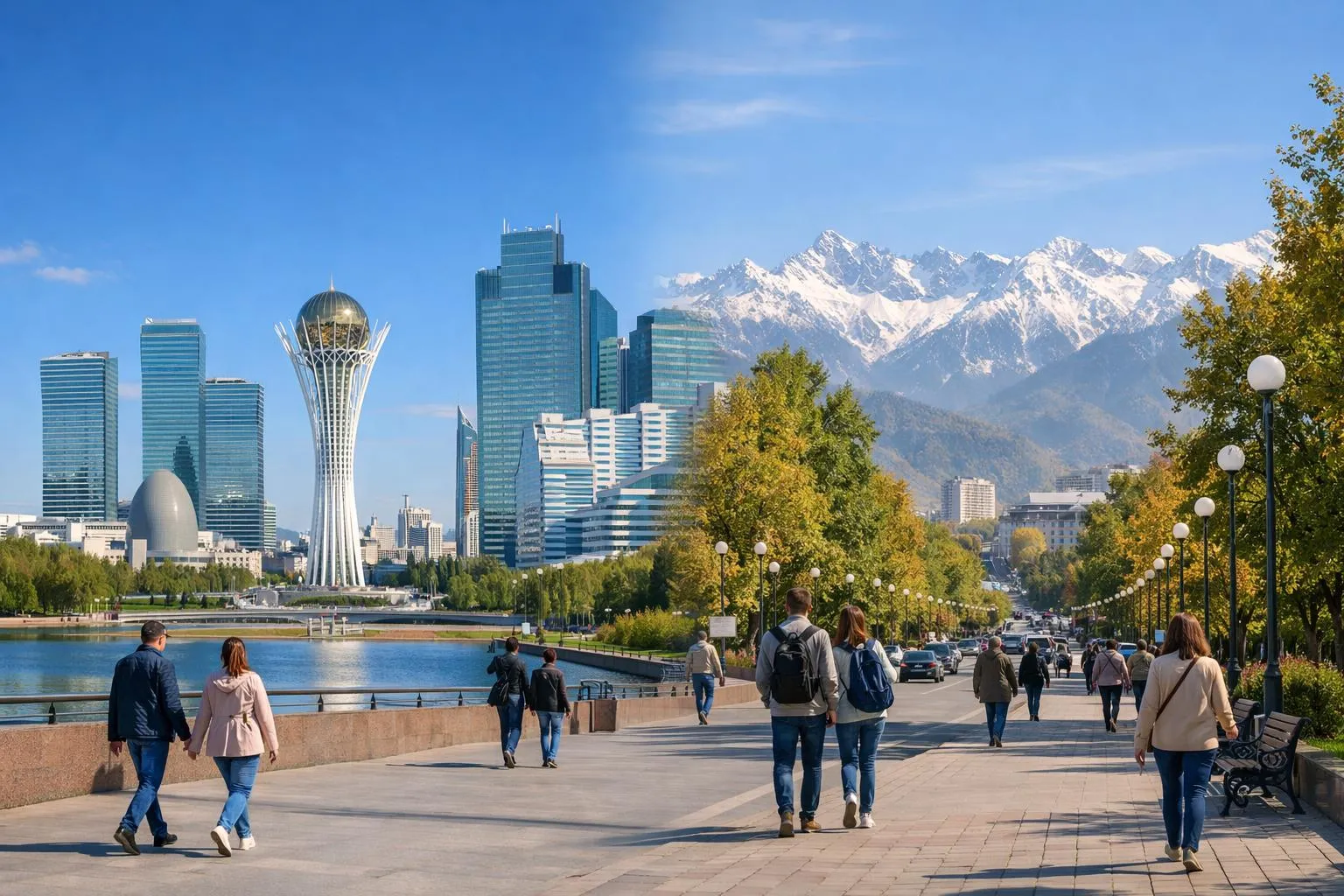 Paysage urbain avec gratte-ciel, montagnes enneigées et promenade animée.