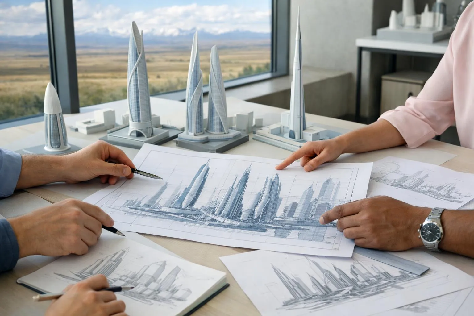 Maquettes et plans architecturaux d'un projet de gratte-ciel moderne.