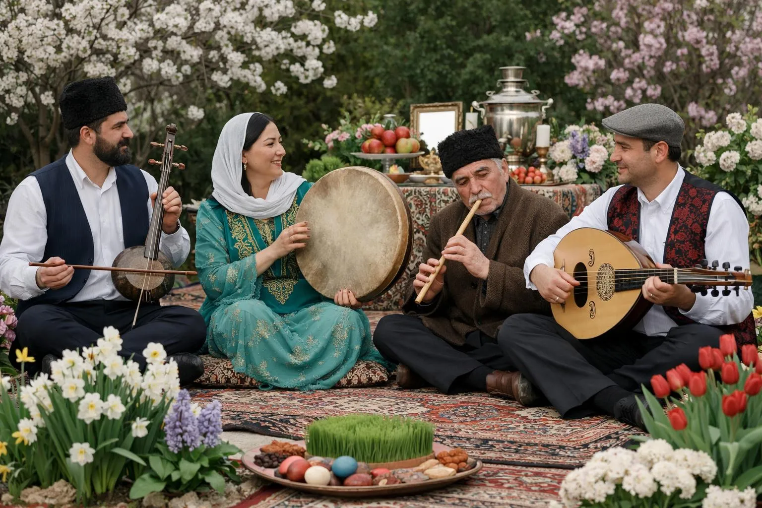 Famille musulmane jouant de la musique traditionnelle dans un jardin fleuri.
