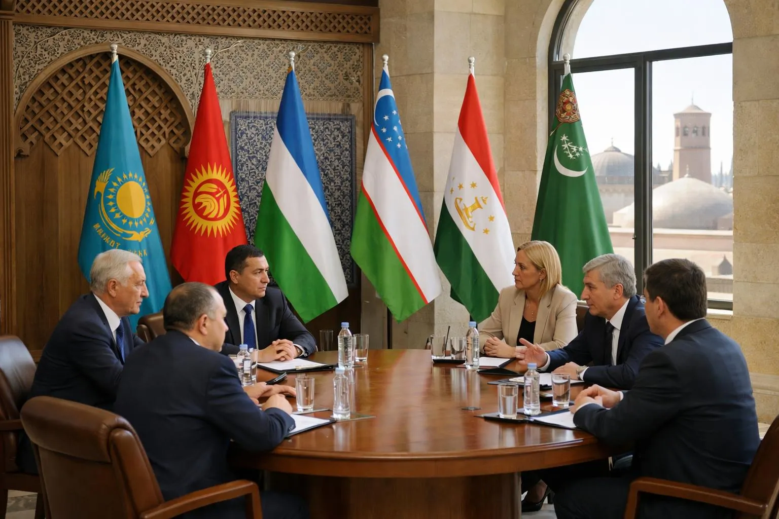 Réunion diplomatique avec drapeaux de pays d'Asie centrale.