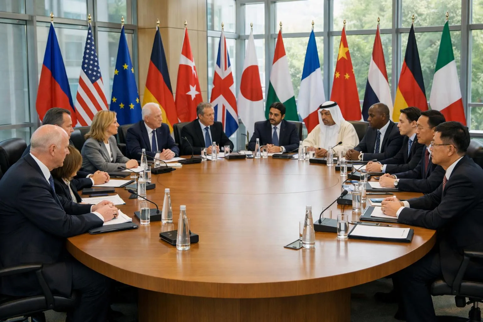 Réunion internationale de dirigeants politiques et diplomatiques autour d'une table ronde.
