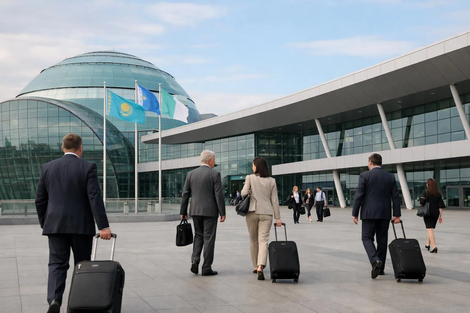 Hommes d'affaires avec bagages à l'aéroport moderne.