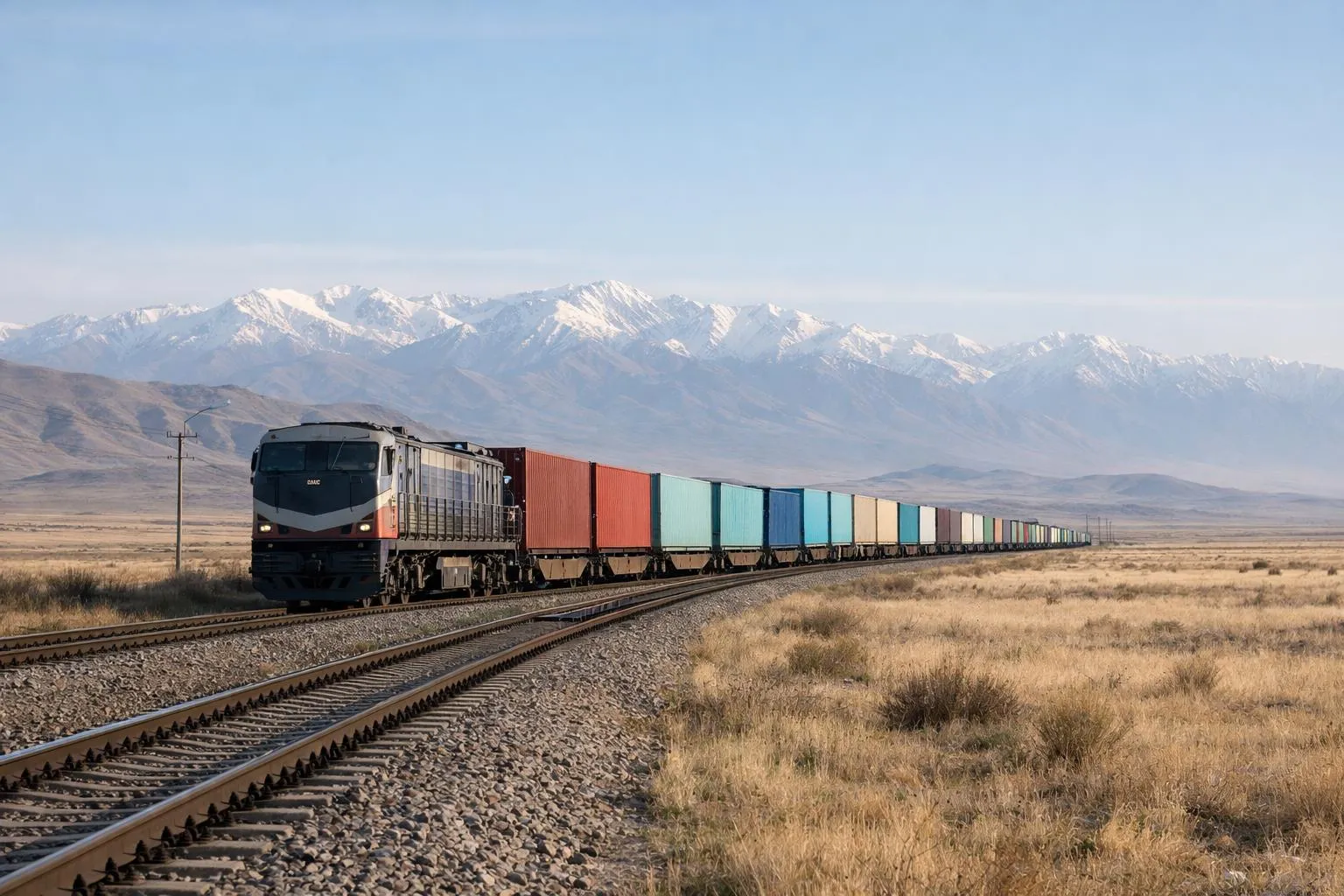 Train de marchandises traversant un paysage montagneux enneigé.