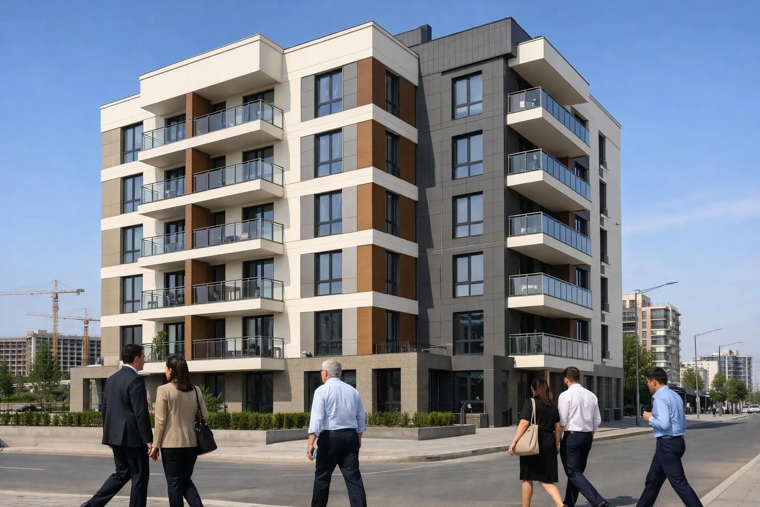 Immeuble résidentiel moderne à plusieurs étages avec balcons et fenêtres.