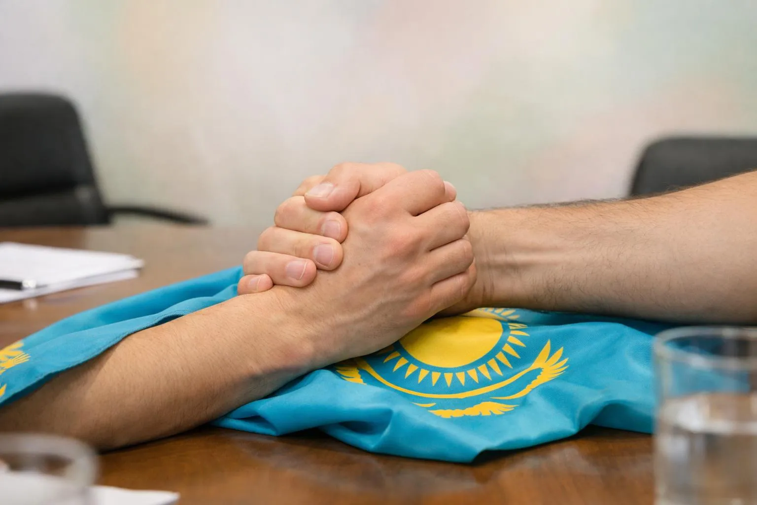 Mains jointes sur le drapeau du Kazakhstan.