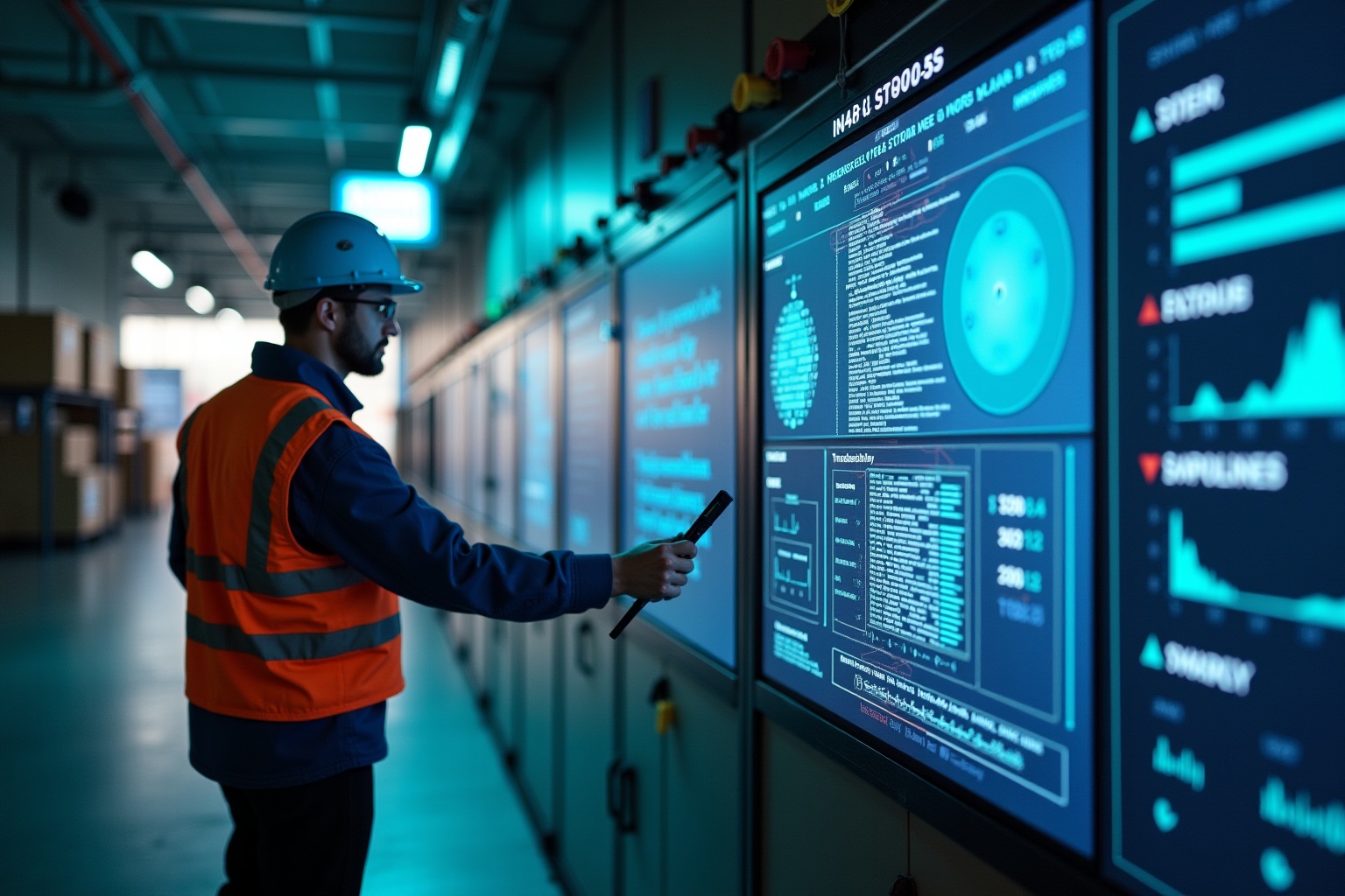 Technicien en sécurité examinant un écran de surveillance dans un environnement industriel.