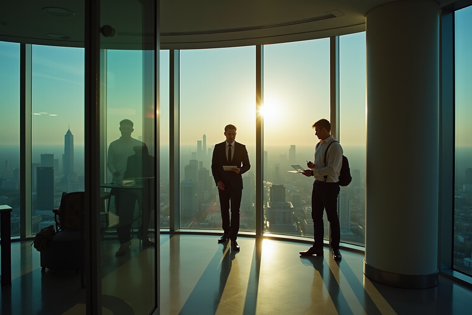 Hommes d'affaires dans un bureau avec une vue panoramique sur la ville.