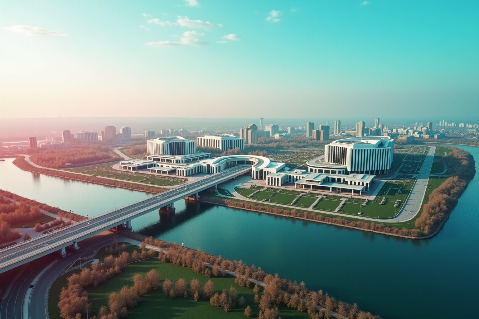 Paysage urbain avec des bâtiments modernes, des ponts et des plans d'eau.