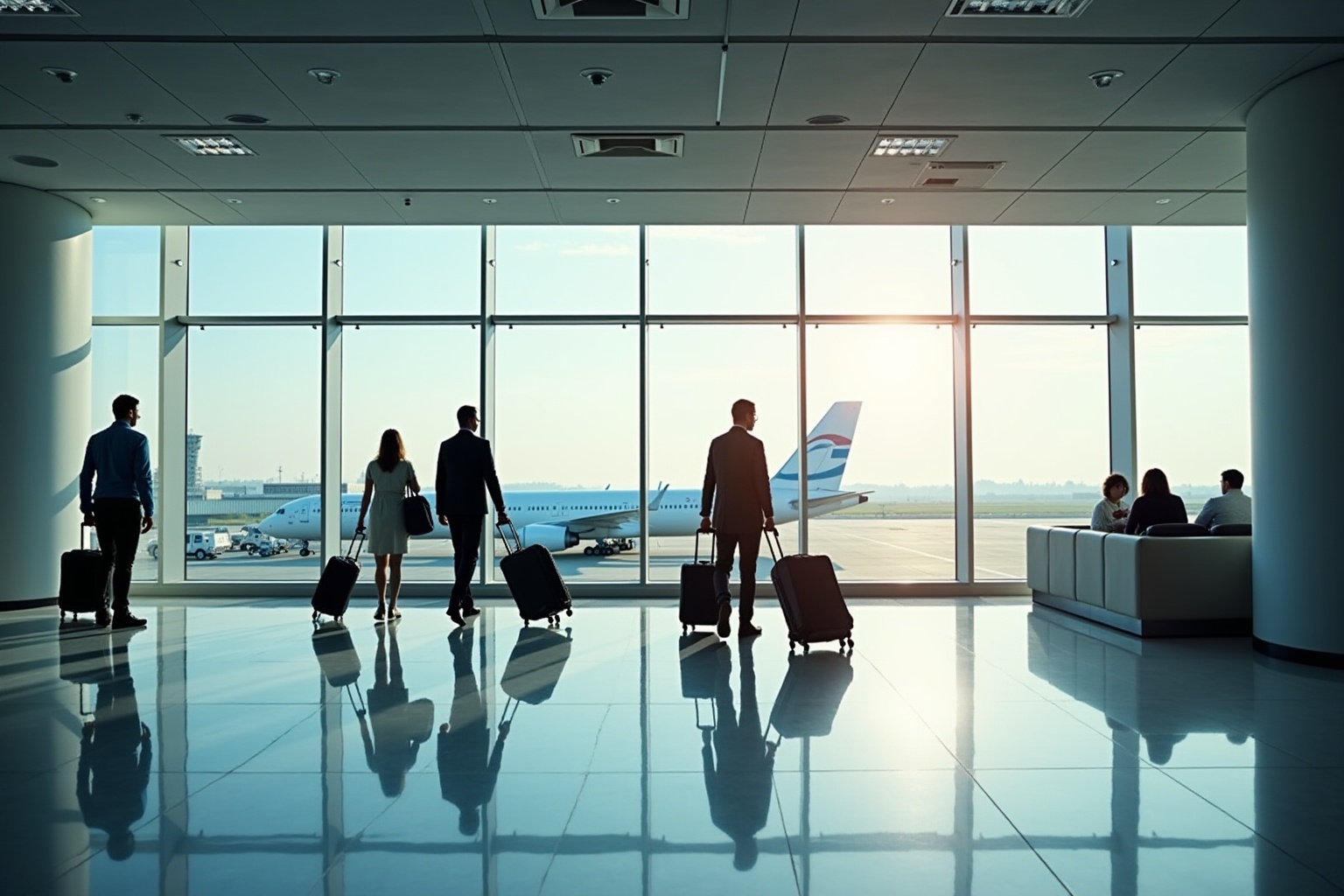 Voyageurs avec bagages dans un aéroport moderne avec vue sur les avions.