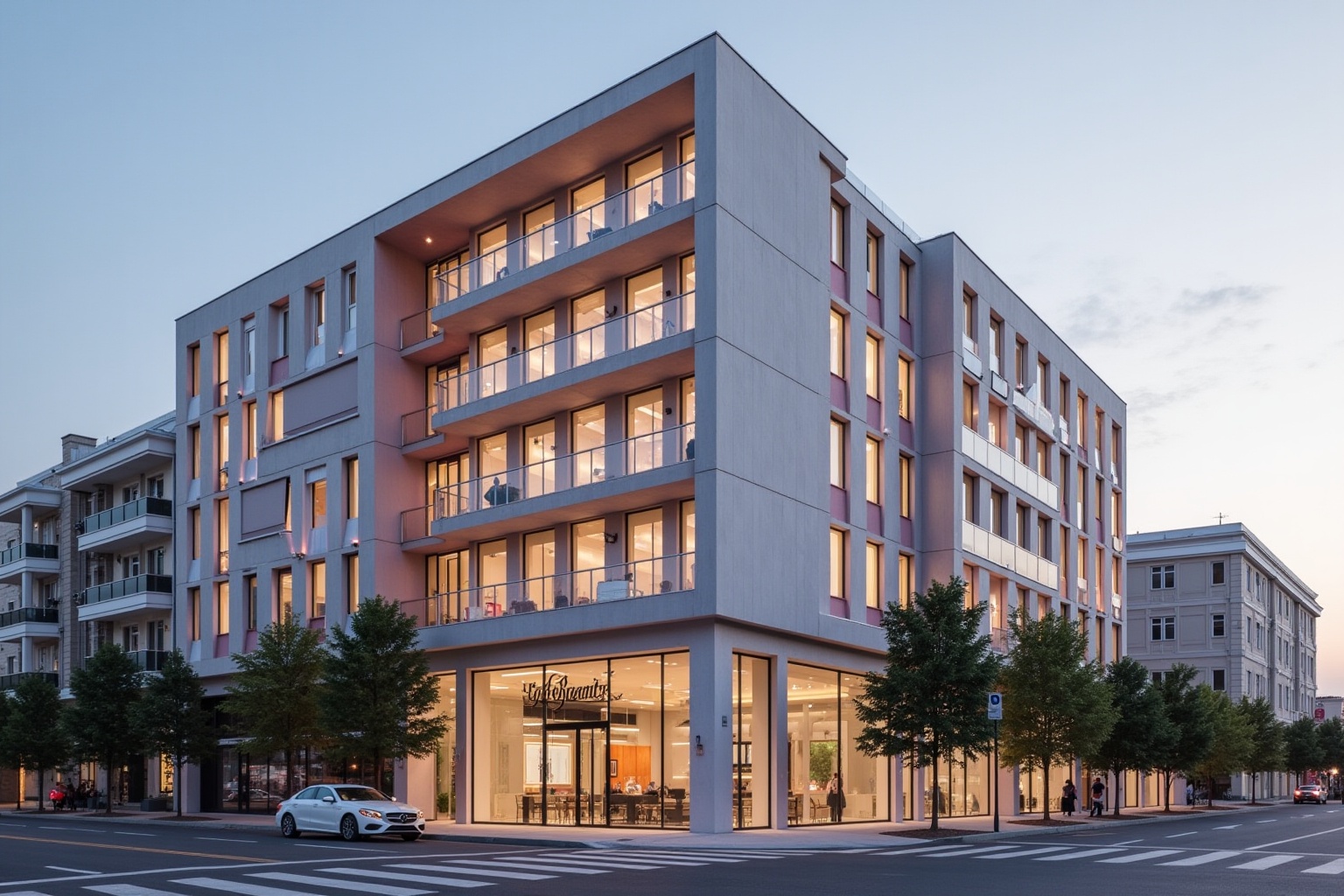 Immeuble moderne à plusieurs étages avec façade en verre et en métal.