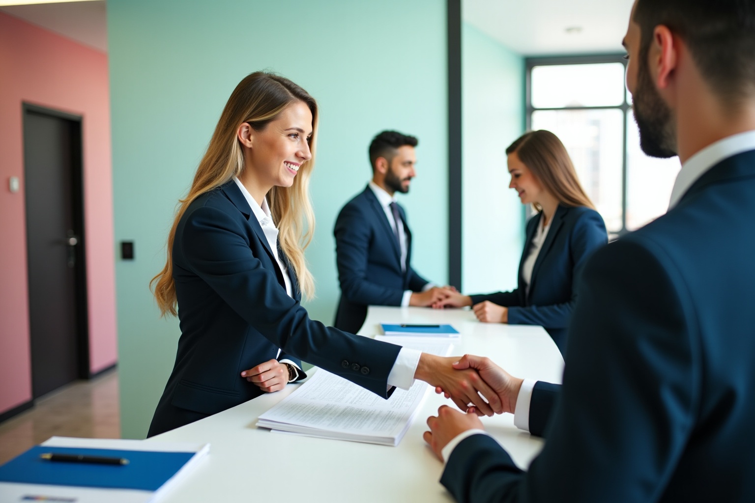 Professionnels en costume se serrant la main dans un bureau.