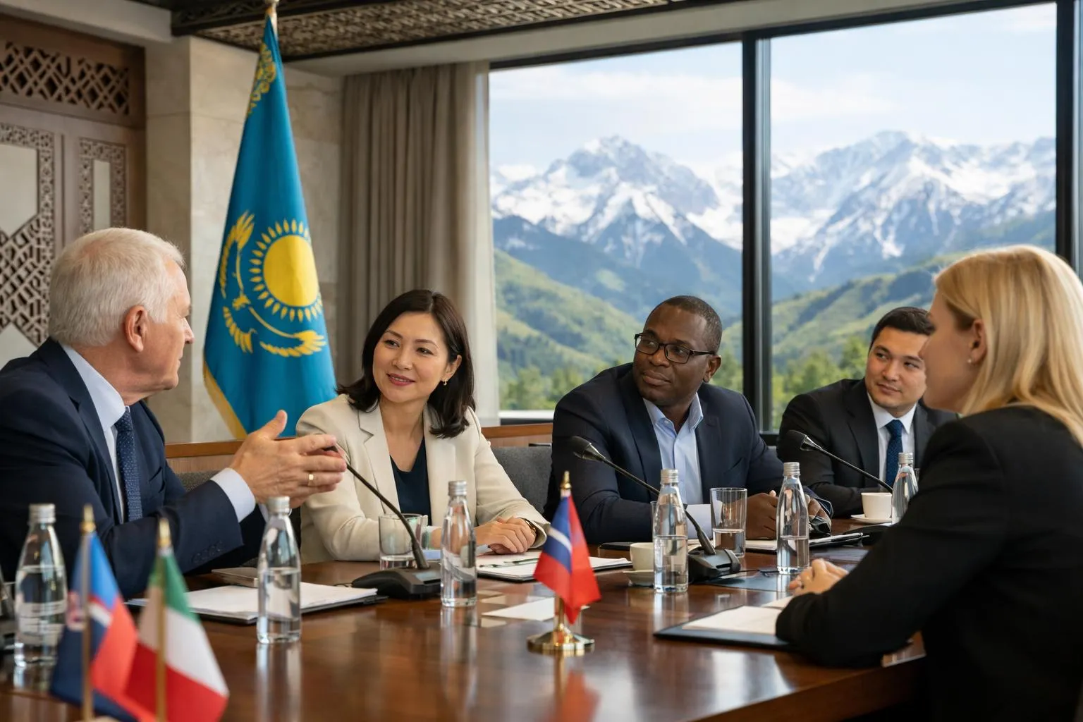 Réunion diplomatique avec des représentants internationaux dans un cadre montagneux.