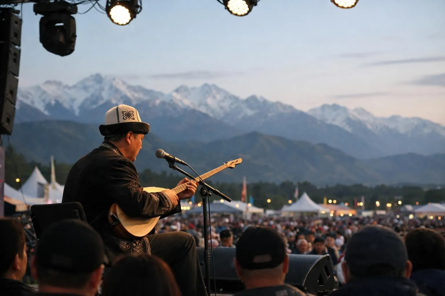 Musicien jouant de la guitare sur une scène avec des montagnes enneigées en arrière-plan.