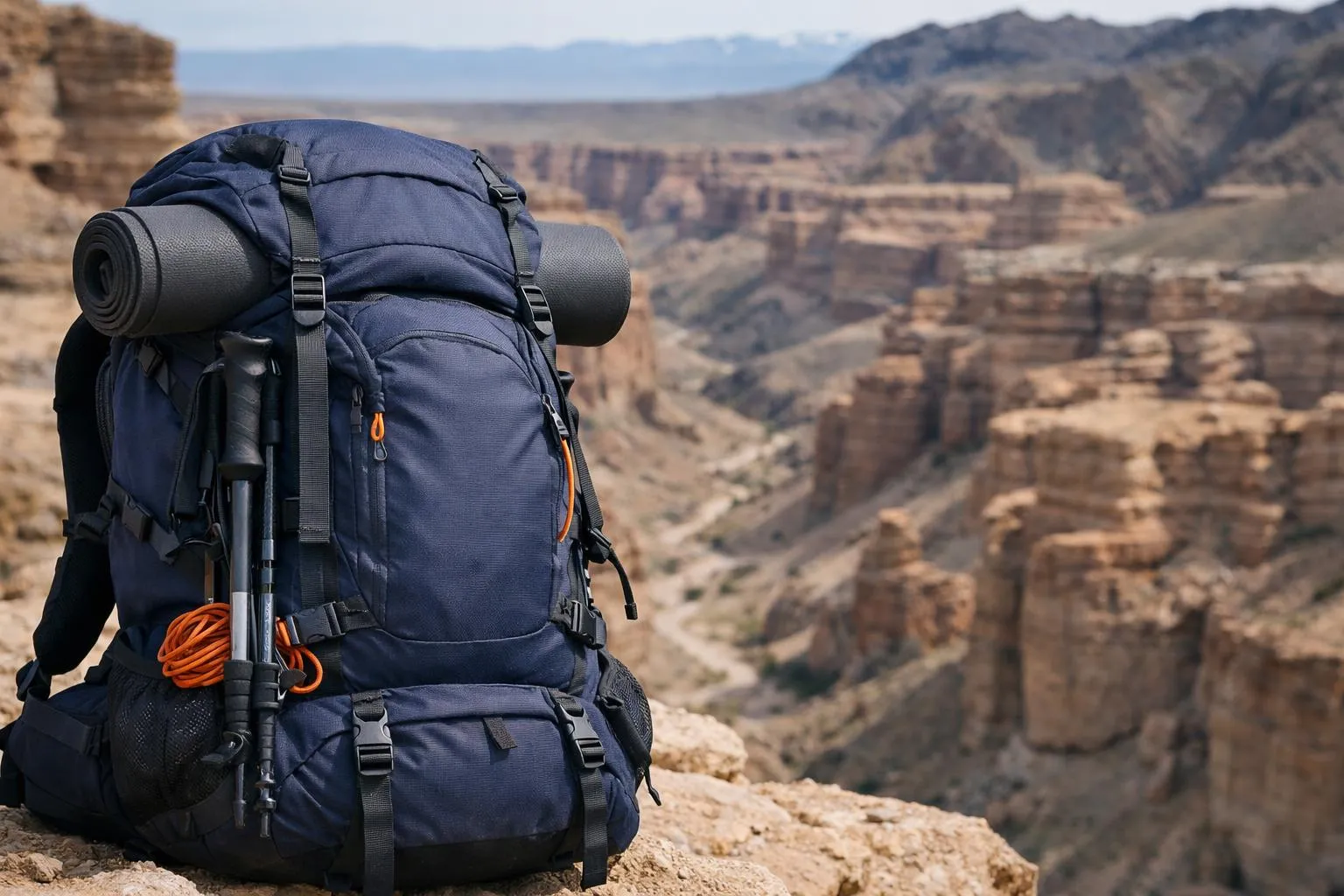 Sac à dos de randonnée bleu marine sur un paysage montagneux désertique.