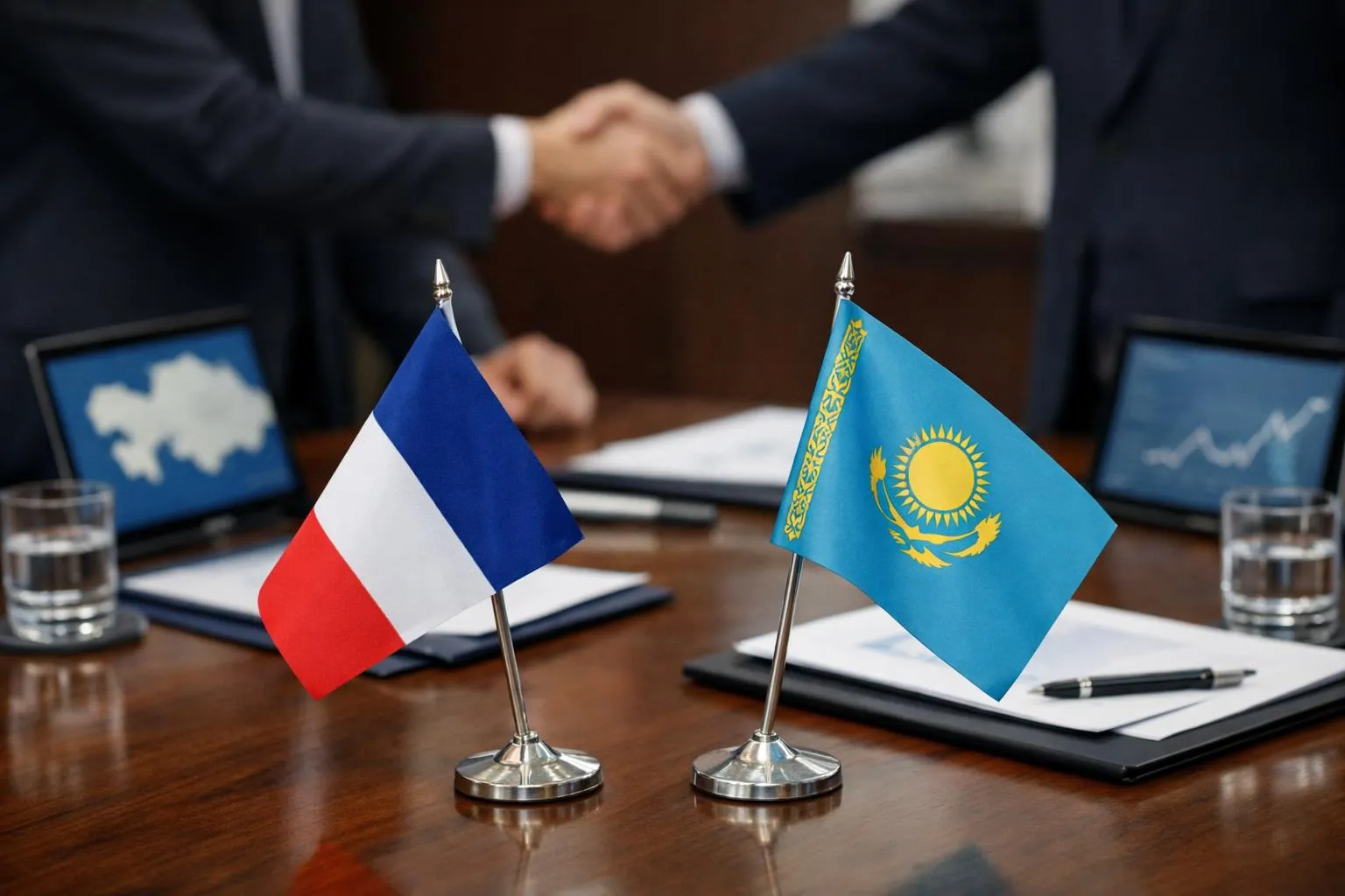 Drapeaux français et kazakh sur un bureau avec des hommes d'affaires se serrant la main.